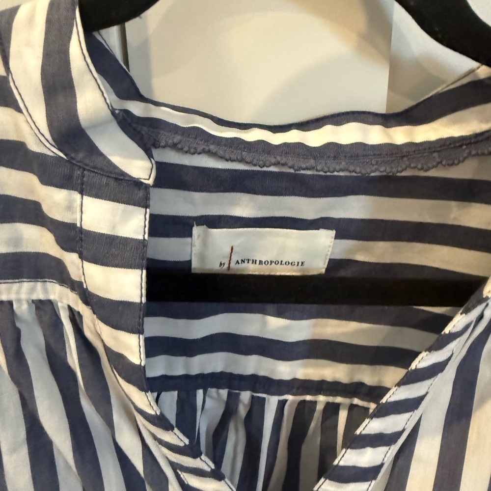 Anthropologie Darcey Striped Navy and White Women's Band-Collar Top - Picture 4 of 4